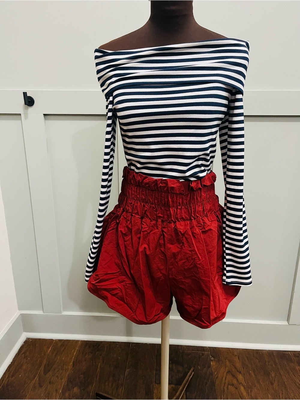 Oak & Trellis Navy and white striped off the shoulder long sleeve top